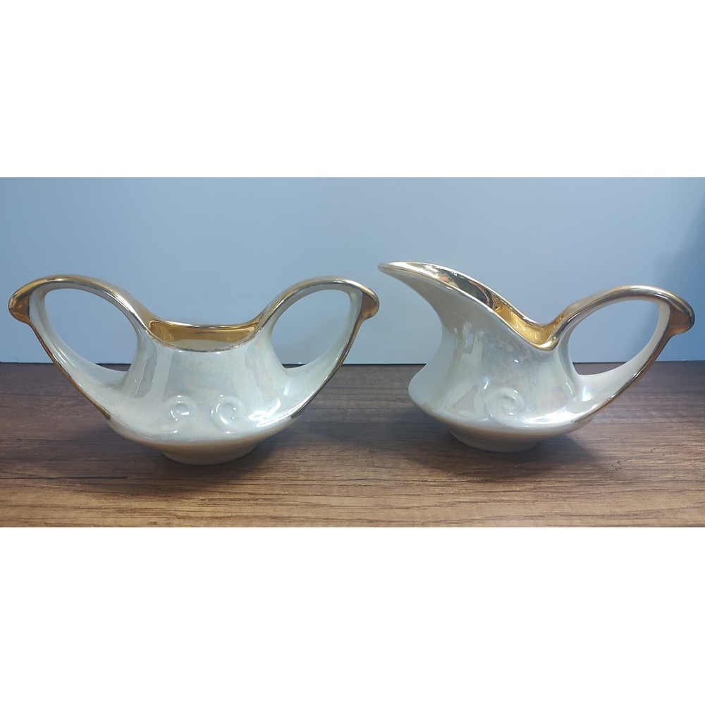 Vintage Pearl China Co 22KT Gold USA Iridescent MCM Creamer And Sugar Set S5